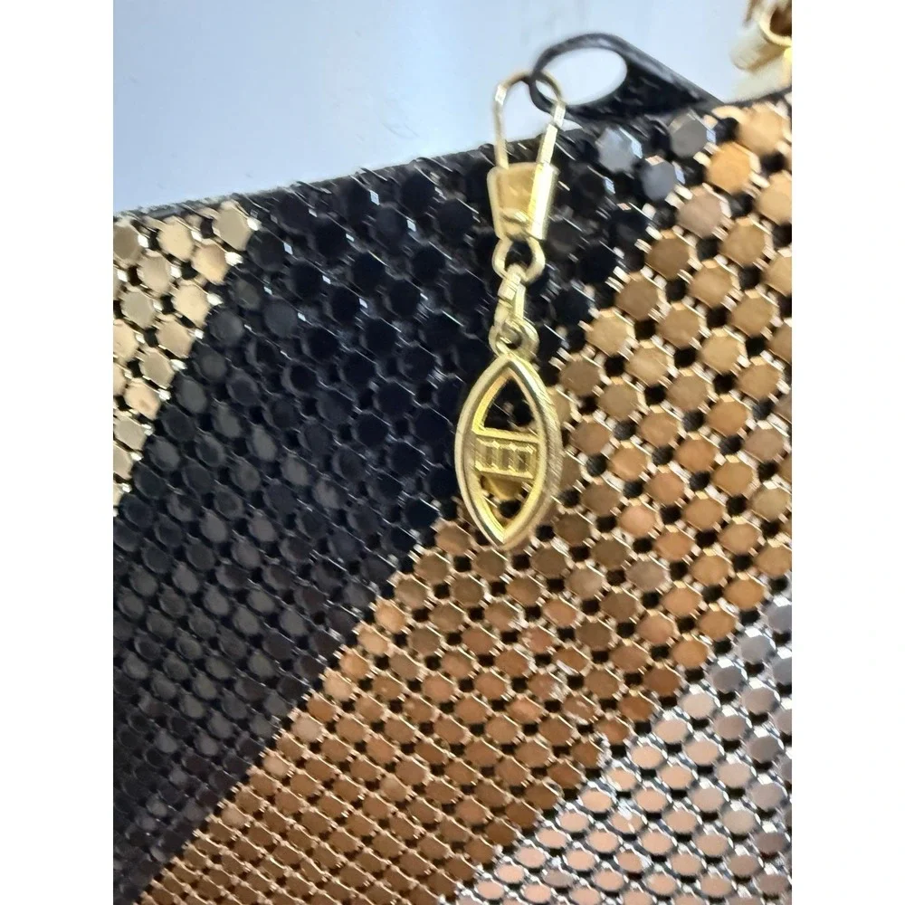 Vintage 70 80s Gold Black Bronze Silver Mesh Stripe Purse Bag Clutch Cross Body